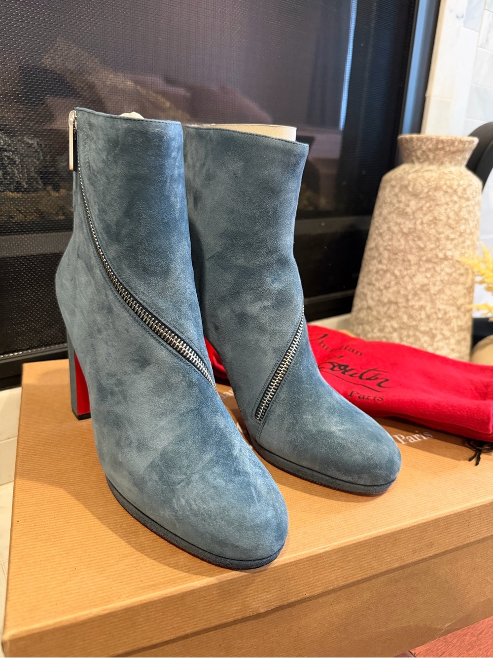 Christian Louboutin Slate Blue Suede Zip-Detail Ankle Boots